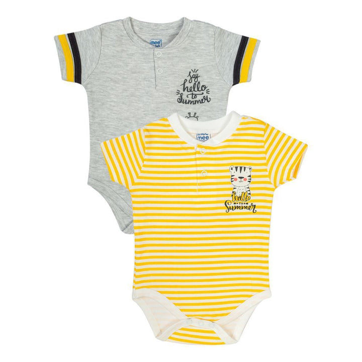 Mee Mee Kids Stripe & Solid Bodysuit Pack Of 2 - Yellow & Light Grey Melange