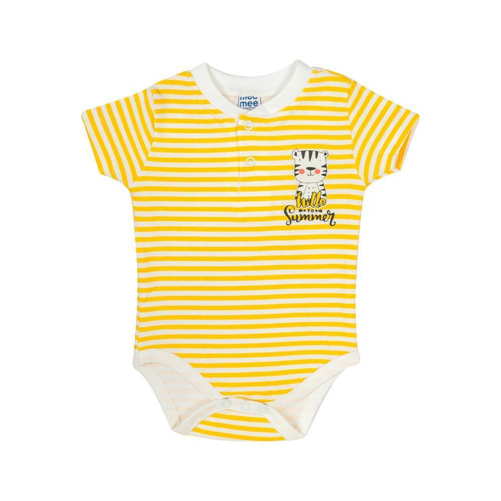 Mee Mee Kids Stripe & Solid Bodysuit Pack Of 2 - Yellow & Light Grey Melange