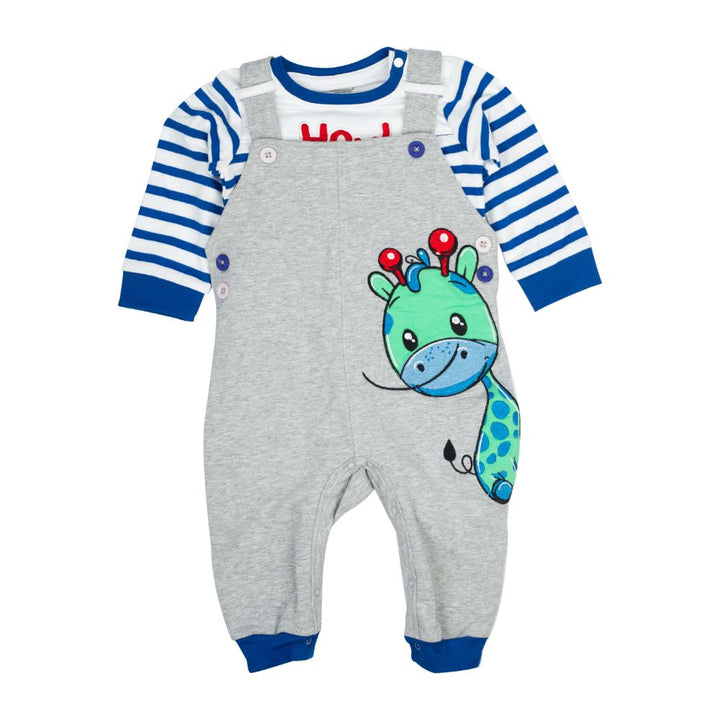 Mee Mee Boys Full Sleeve Blue Striper T-Shirt With Giraffe Applique Dungree Set