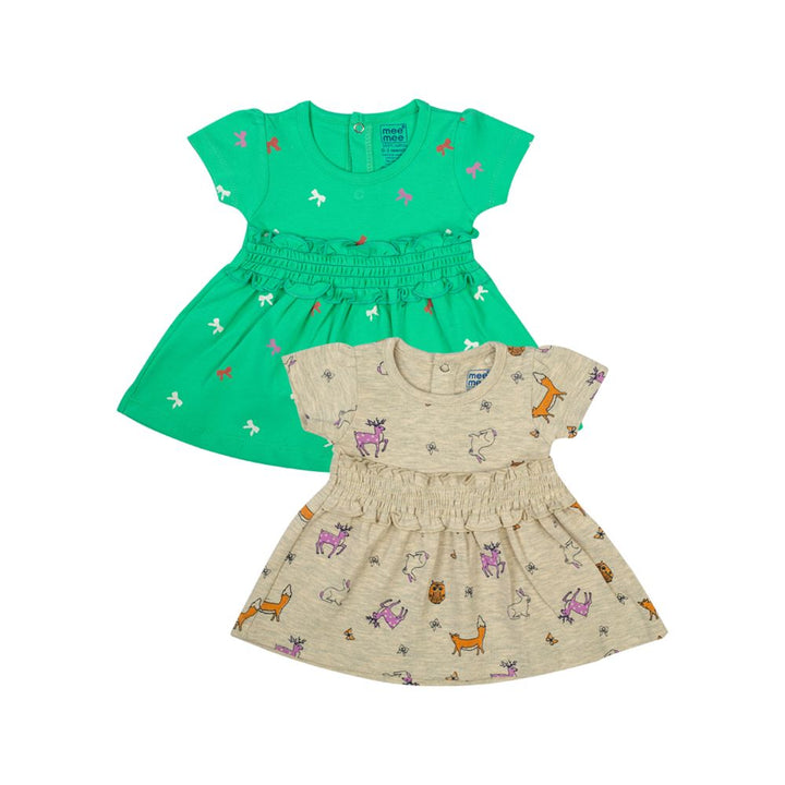 Mee Mee Girls Printed Frock Pack Of 2 -Oat & Mint