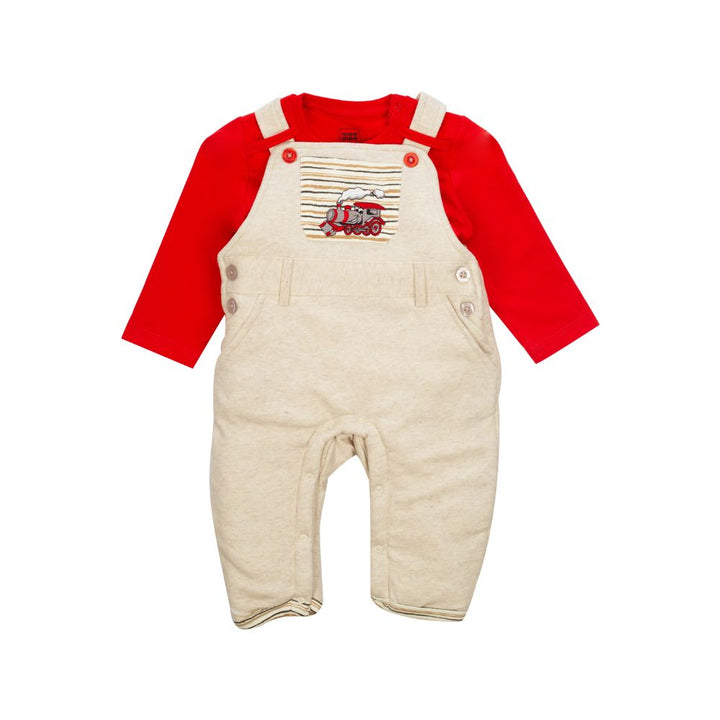 Full Sleeve Boys Dungaree Set (Beige_Melange_Red)