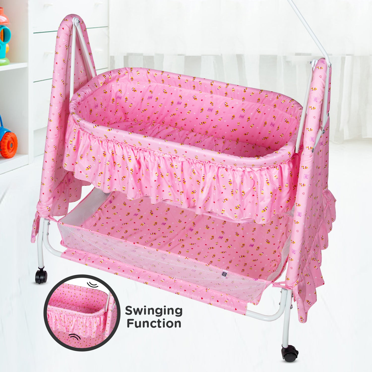 Buy Spacious Swinging Baby Cradle with Mosquito Net Pink Online in India Me n Moms