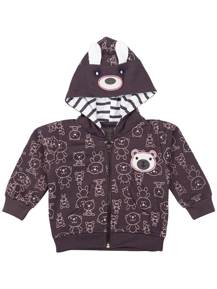 Mee Mee Full Sleeves Hooded Sweat Jacket Bear Print - Brown